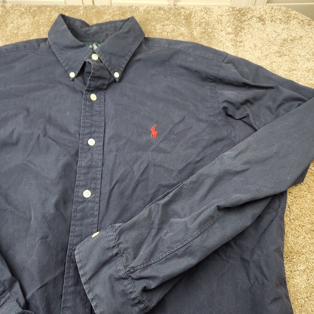 Polo Ralph Lauren Mens Classic Fit Navy Blue Cotton Button Down Shirt Large